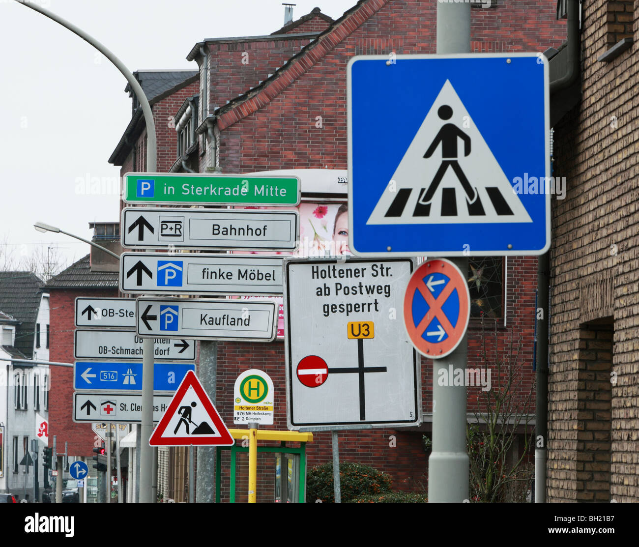 transport, traffic, road traffic, traffic signs, forest of traffic signs, driving direction, direction of travel, building site, construction site, bus stop, local traffic, short-distance traffic, no thoroughfare, passage prohibited, No through traffic, N Stock Photo