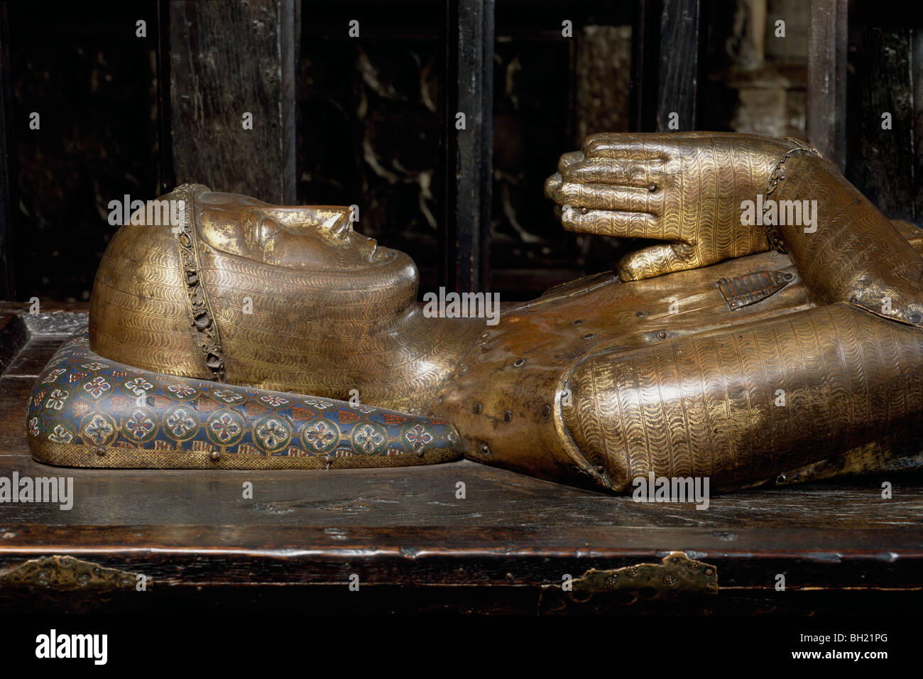 William de Valence earl of Pembroke d1296 wooden tomb effigy adorned with Limoges champleve enamel work Westminster Abbey London Stock Photo