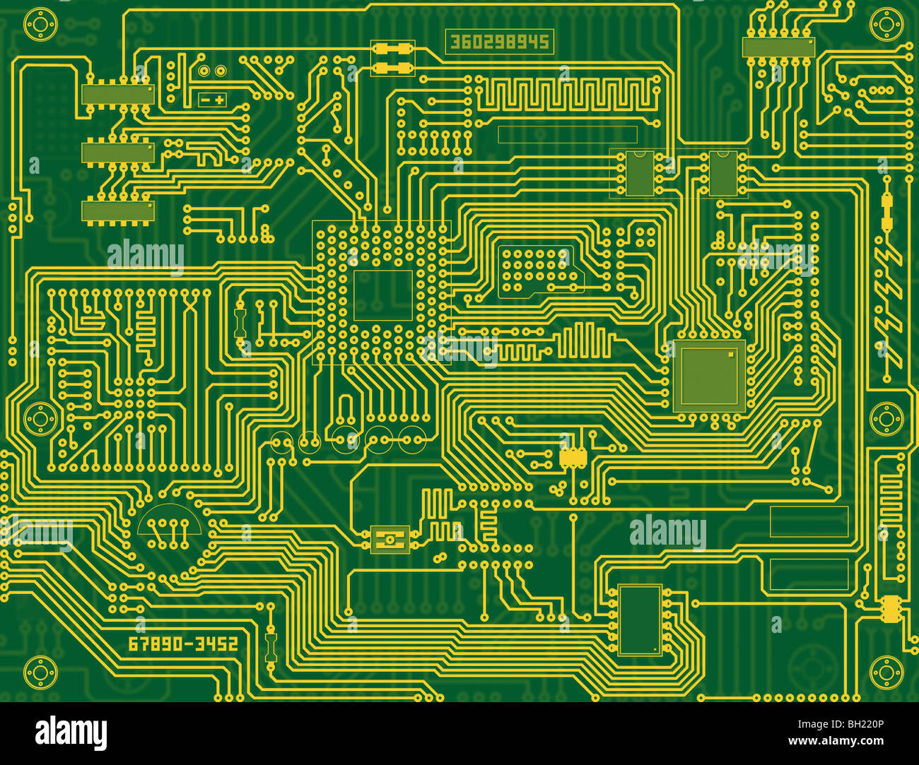 Tech industrial electronic circuit board green background Stock Photo