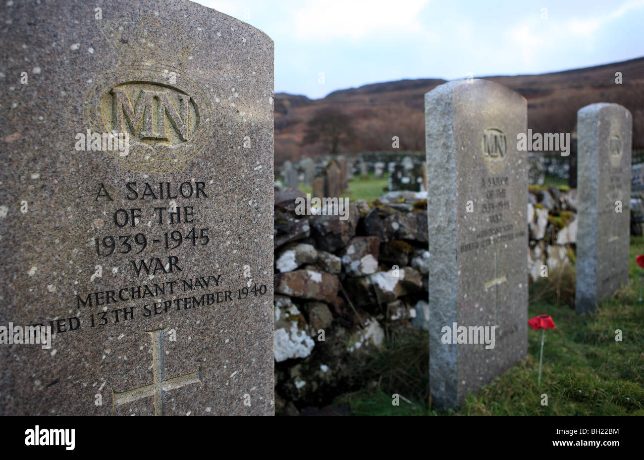 War graves of unknown sailors of the Merchant Navy from World War 2 buried on the Isle of Mull Stock Photo