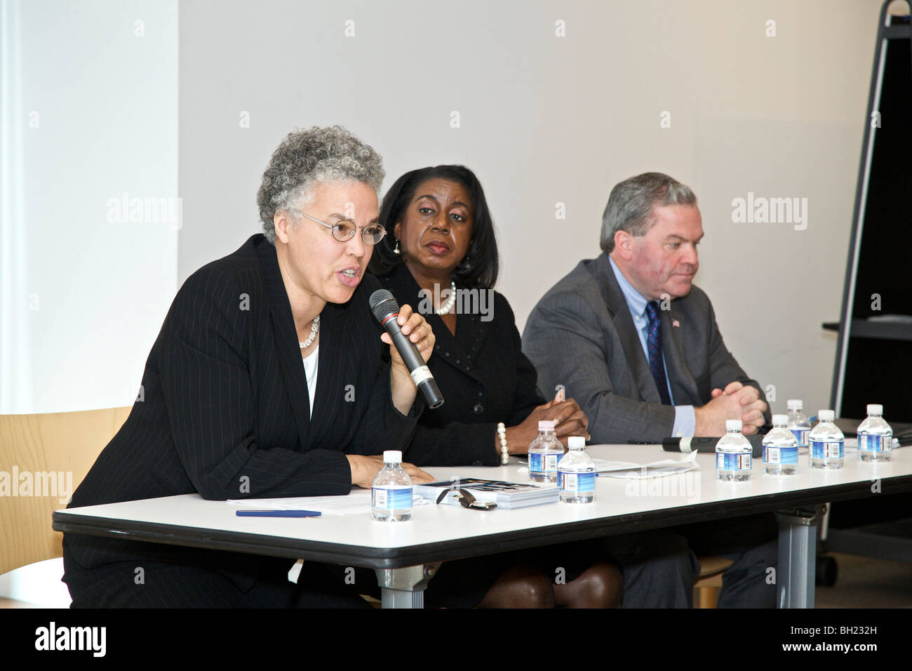 Alderman Toni Preckwinkle (speaking) with Dorothy Brown and Terrence O'Brien. Stock Photo