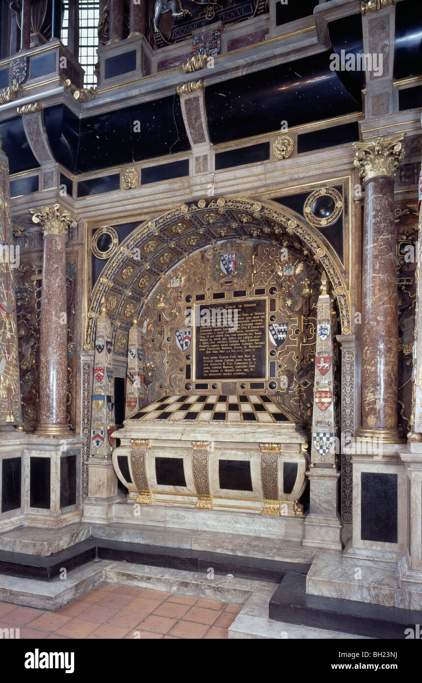 Marble and alabaster tomb of Henry Carey 1st Baron Hunsdon (c.1525-1596) Lord Chamberlain to Elizabeth I. Westminster Abbey Stock Photo