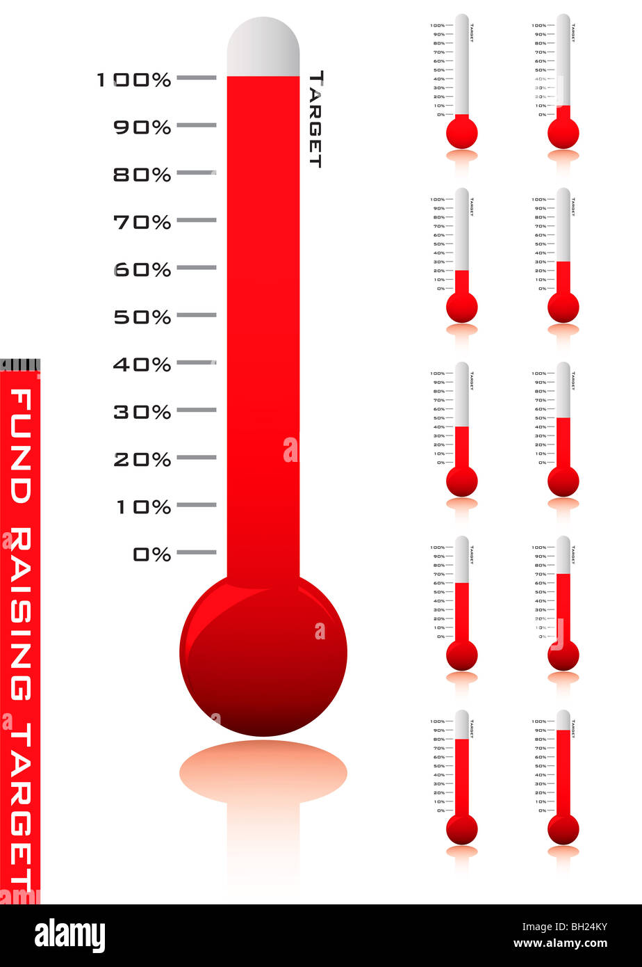 Medical thermometer showing the progress of charity donations with red