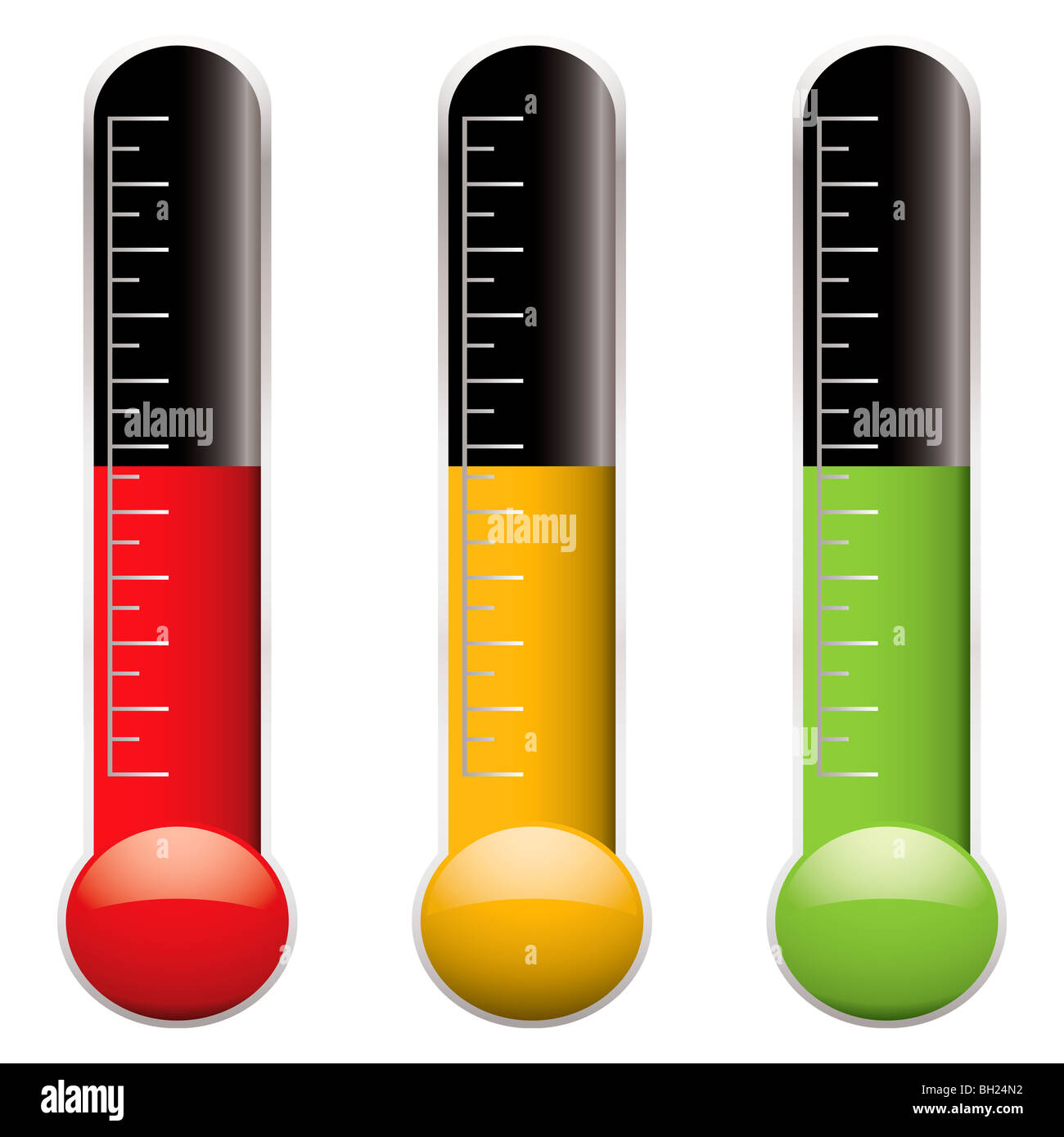 Set of three thermometers with scale and different colored indicator