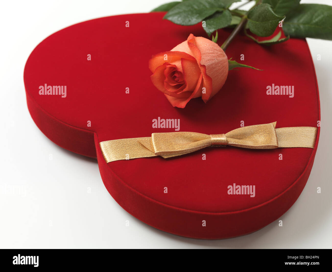 Red heart-shaped gift box and a pink rose Stock Photo