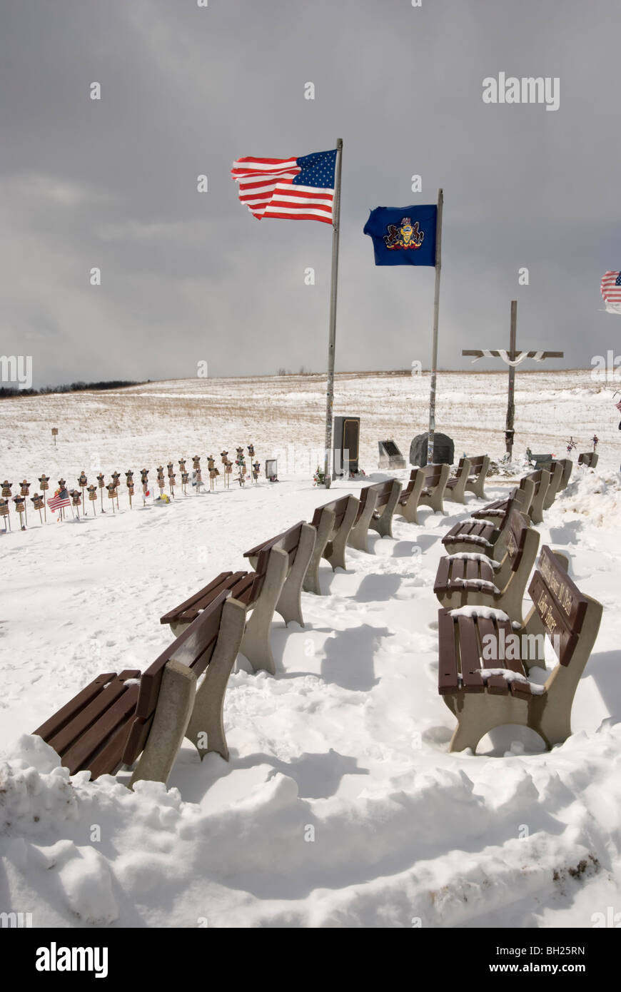 Stock photo of flags flying in the bitter cold winter wind Flight 93 Memorial crash site on 911, Shanksville, PA, USA. Stock Photo