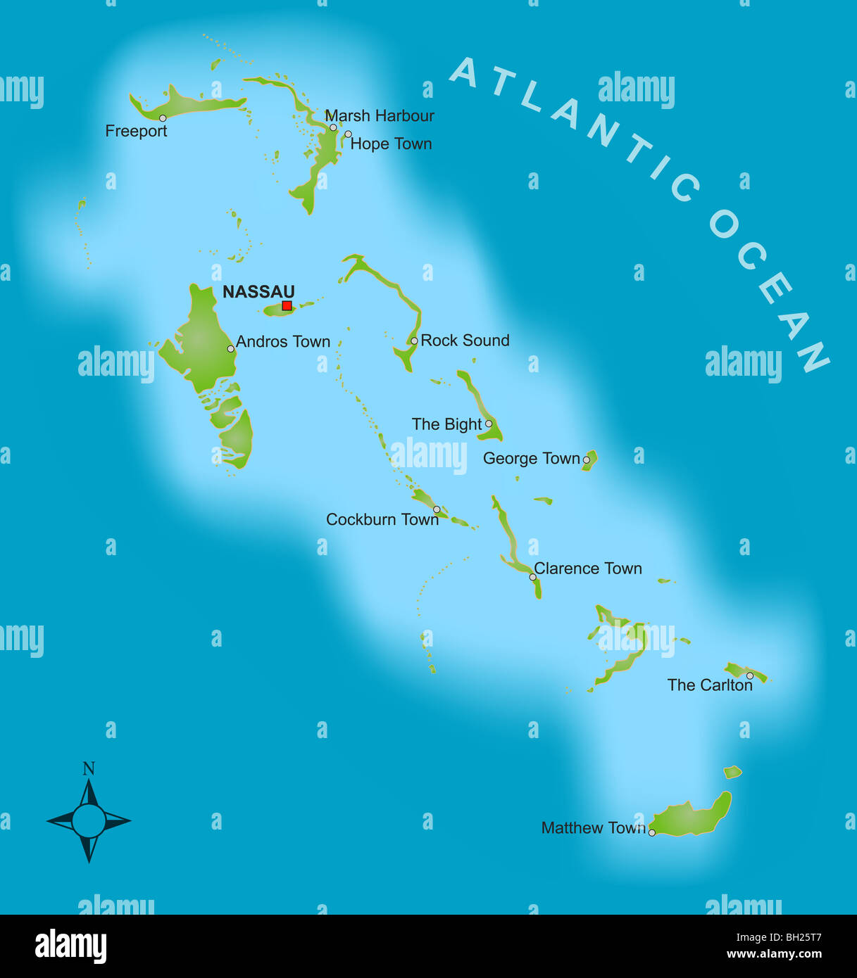 A stylized map showing the islands of Bahamas as well as several cities. Stock Photo