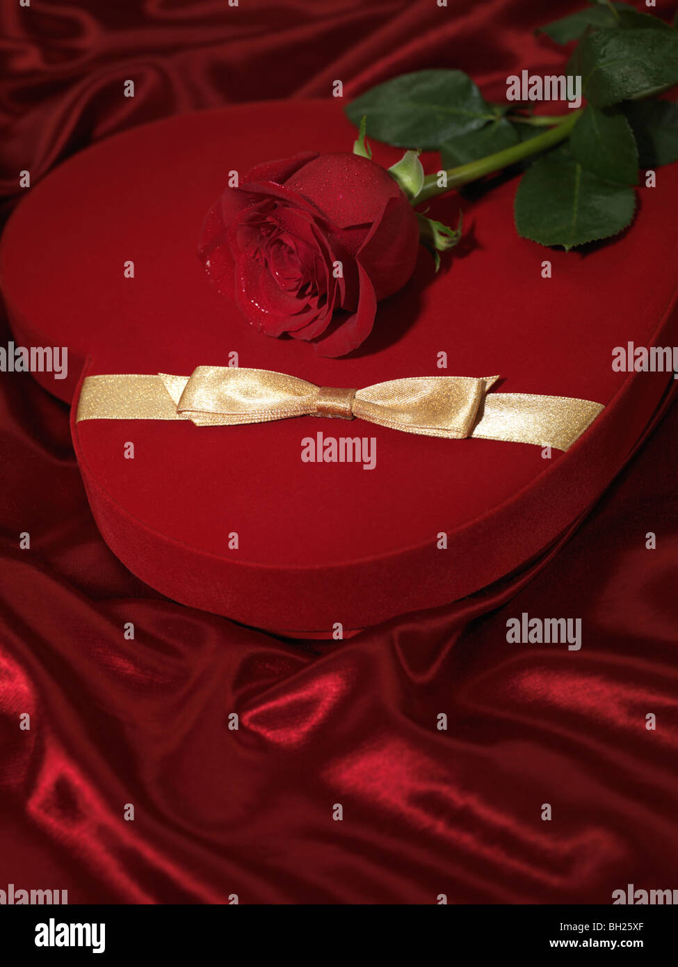 Red heart-shaped gift box and a red rose Stock Photo