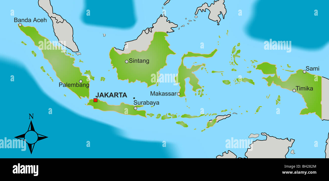 A stylized map of Indonesia showing different big cities as well as nearby countries. Stock Photo