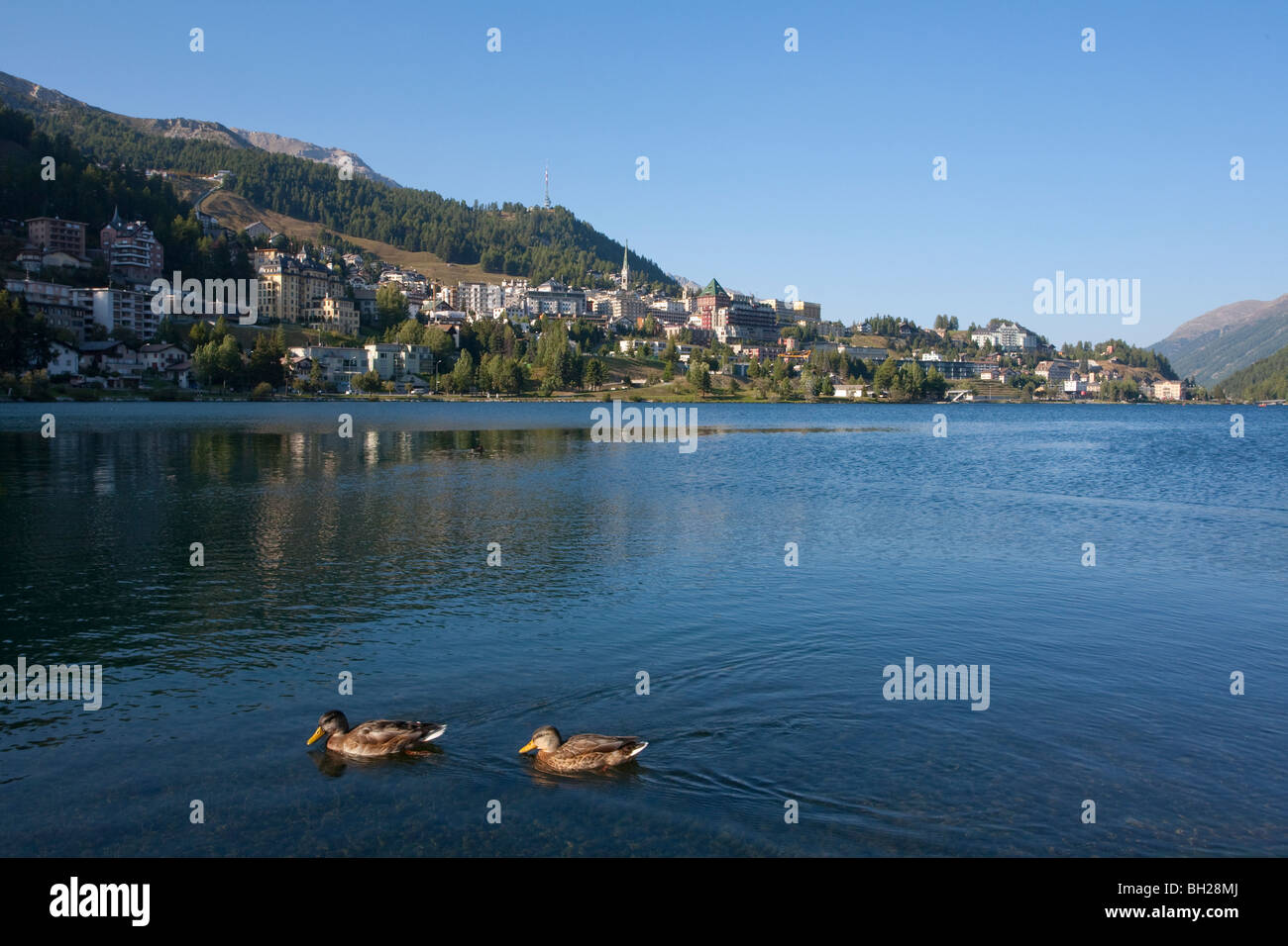 VIEW AT ST. MORITZ, ST. MORITZERSEE LAKE, UPPER ENGADIN, ENGADIN, GRISONS, SWITZERLAND Stock Photo