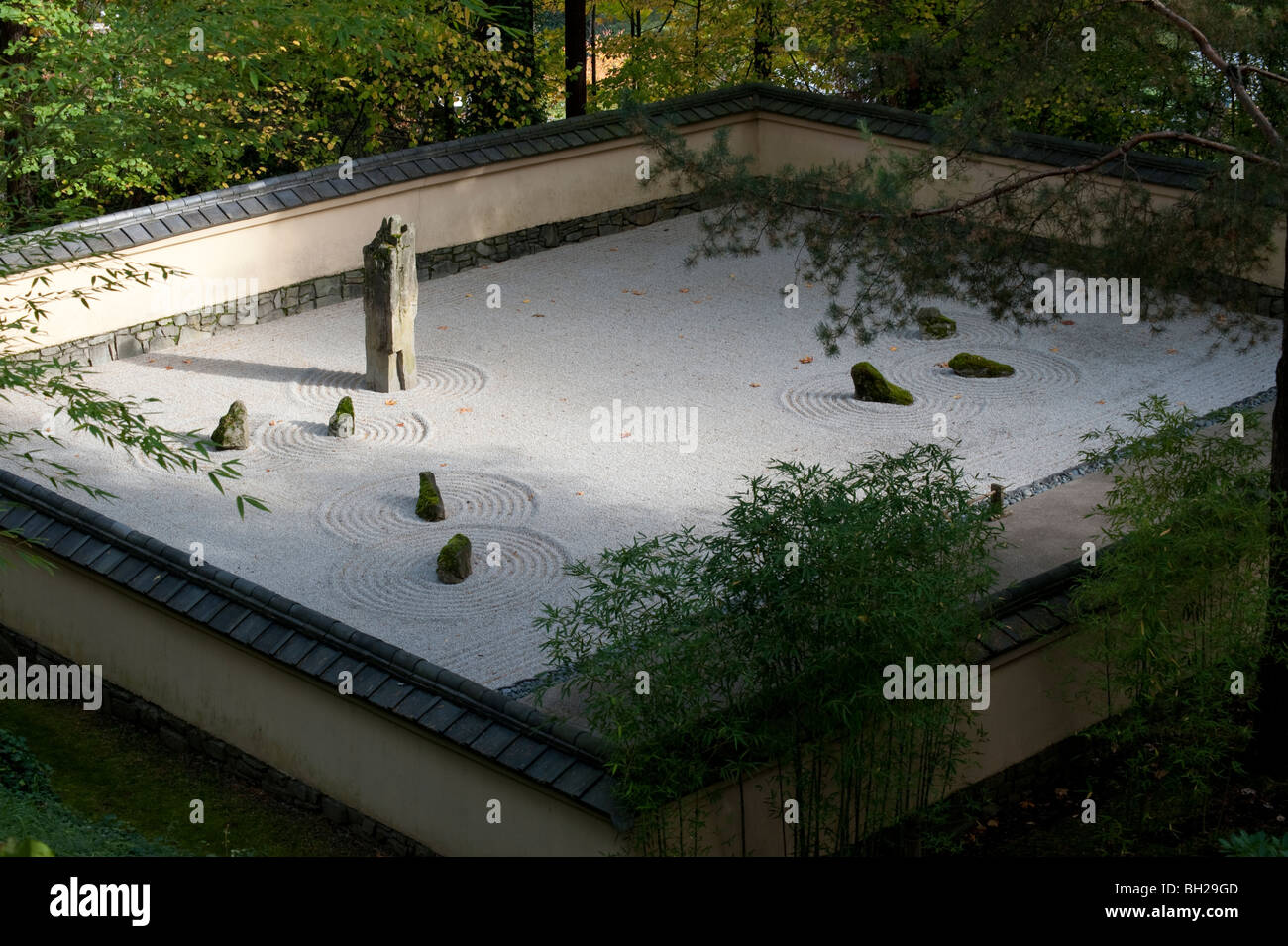 Stone garden shaped like waves in a japanese garden Stock Photo