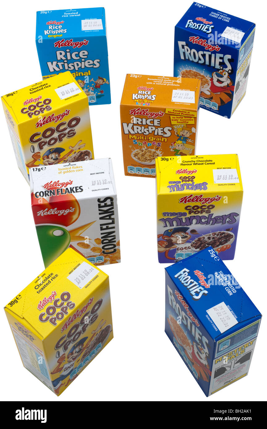 Eight individual boxes of Kellogg's  Variety mixed cereals Stock Photo