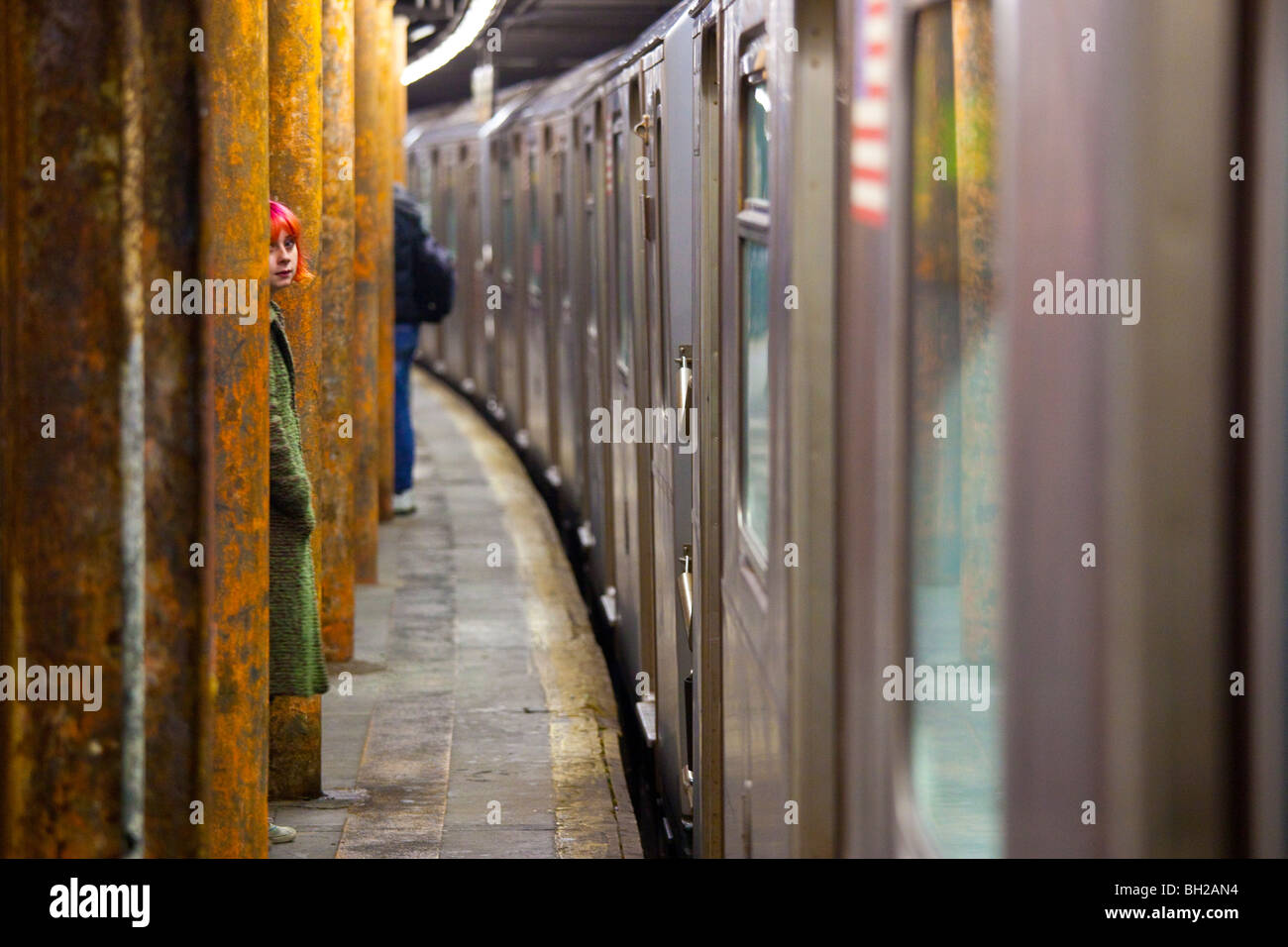 Bleecker St Subway Platform, Manhattan, New York City Stock Photo