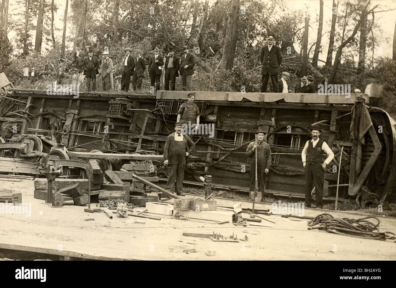 Salvage Crew Working on Train Wreck Stock Photo