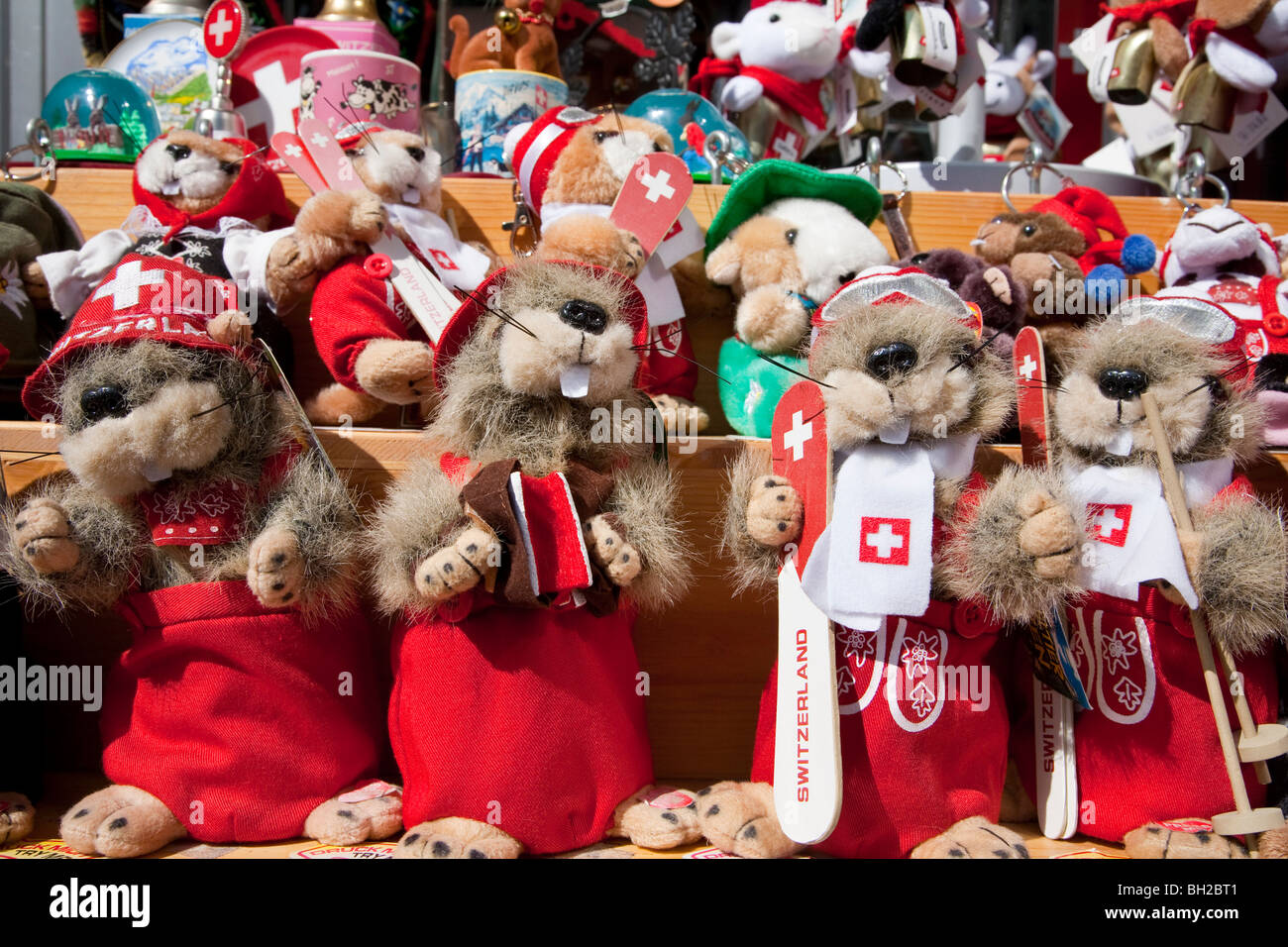 MARMOTS, STUFFED ANIMAL, COSTUMED AS SWISS, DAVOS, GRISONS, SWITZERLAND Stock Photo