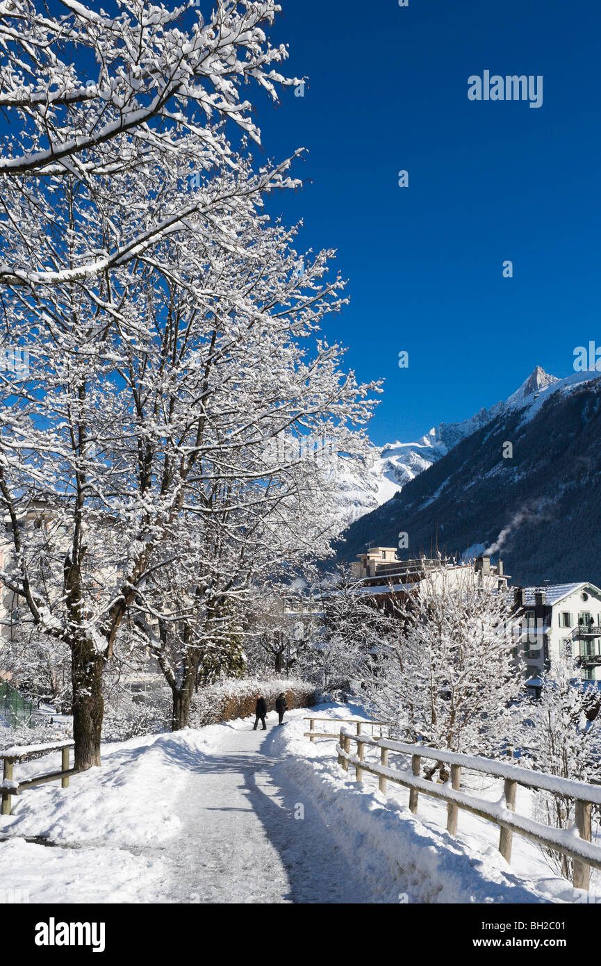 Walkers beneath snow covered trees on a path near to the town centre, Chamonix Mont Blanc, Haute Savoie, France Stock Photo