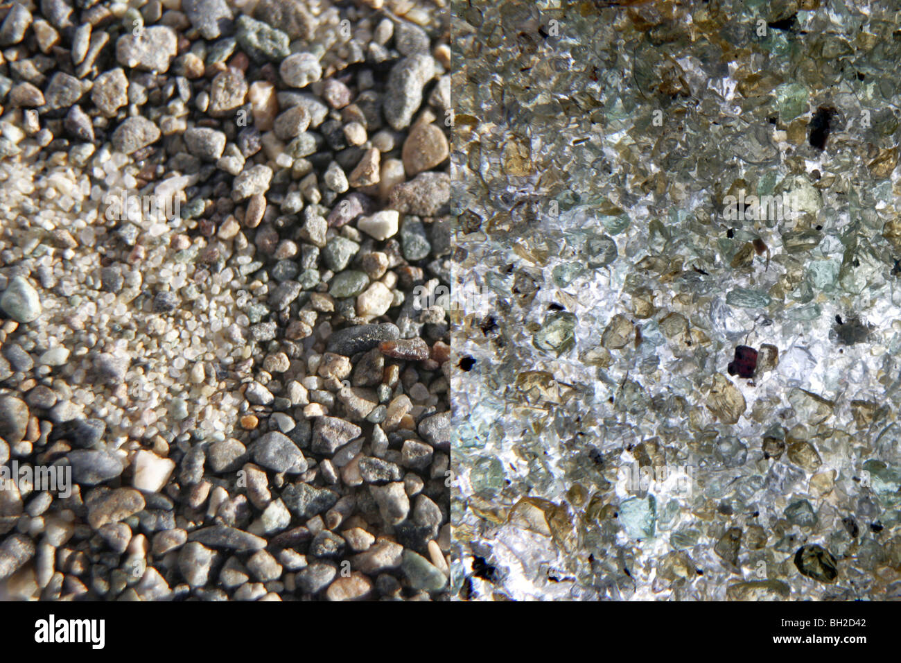 recycled glass crushed to replace sand. Sand is on the left, the glass