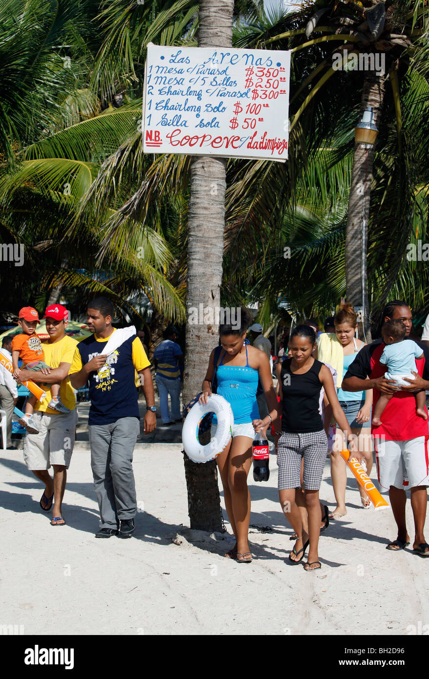 Price list for beach rentals on the beach at Boca Chica, Dominican Republic Stock Photo