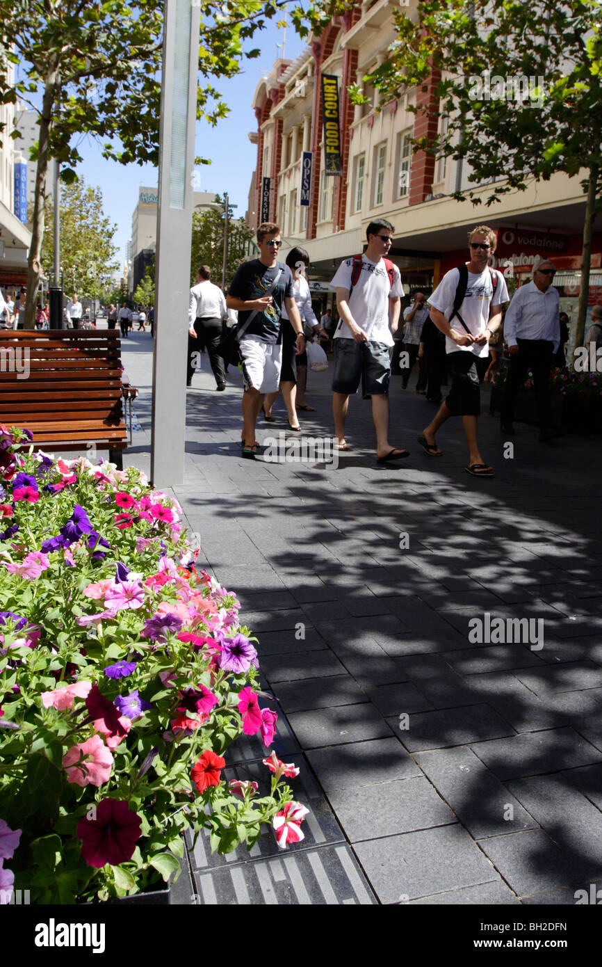 Decorative flowers along pedestrian mall in Perth, Western Australia