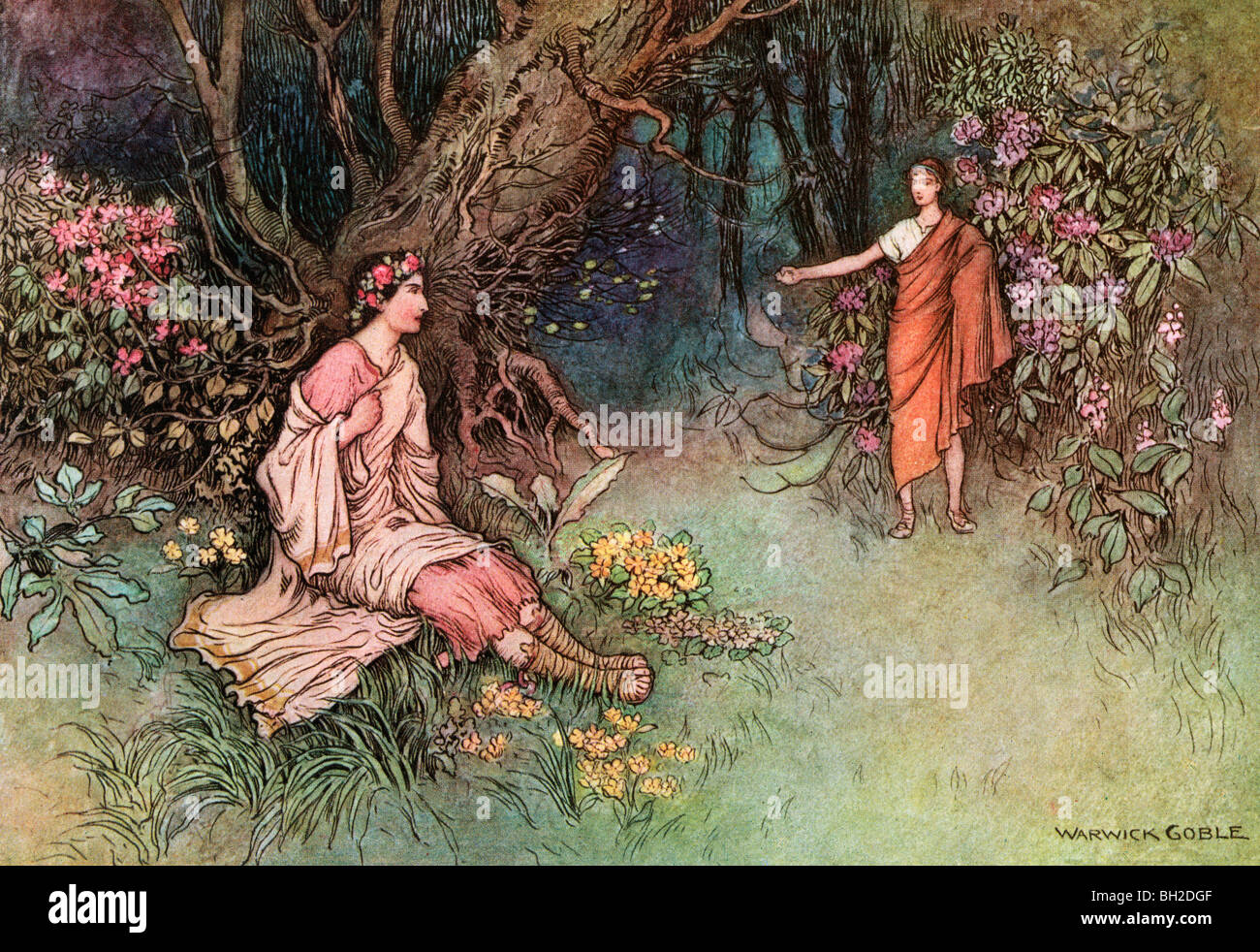 The Meeting in the Woods, by Warwick Goble, from The Complete Poetical Works of Geoffrey Chaucer, 1912 Stock Photo