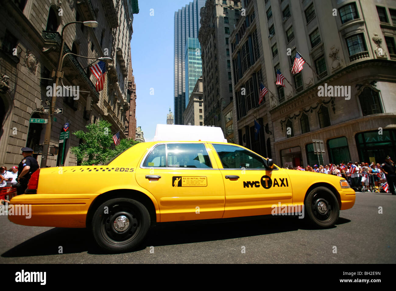 New York City taxicab during Midtown rush hour in Manhattan. Stock Photo