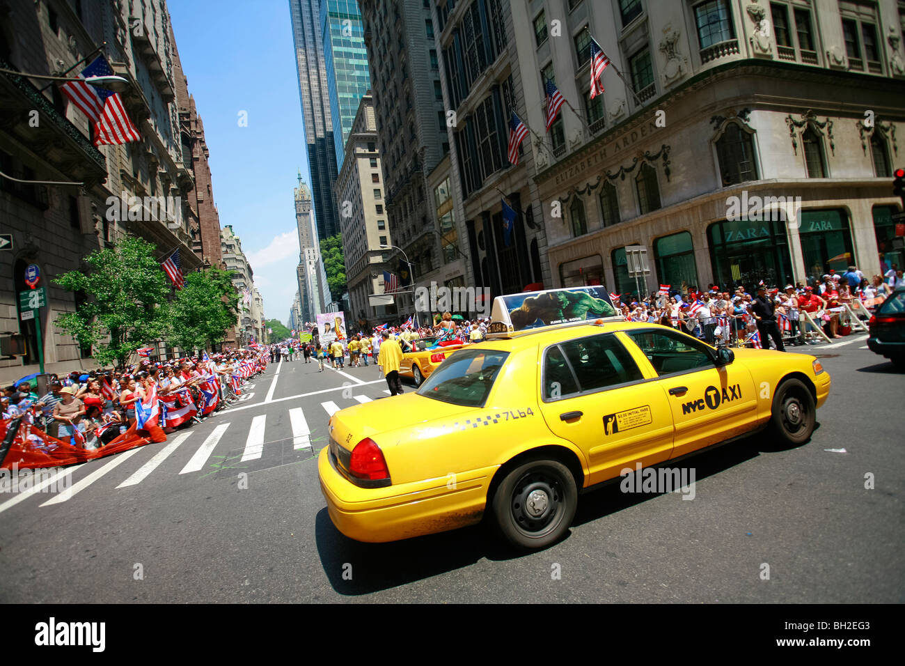 New York City taxicab during Midtown rush hour in Manhattan. Stock Photo