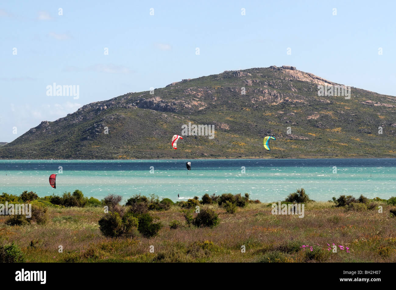 kitesurfers windsurfers Langebaan lagoon West Coast National Park Western Cape Republic of South Africa Stock Photo