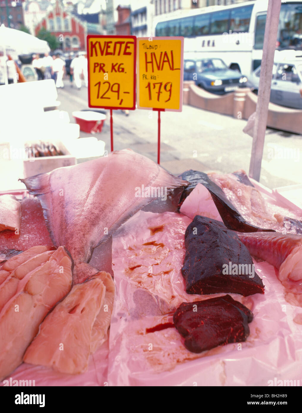 Kveite (halibut) and Hval (whale) for sale at the fish market,