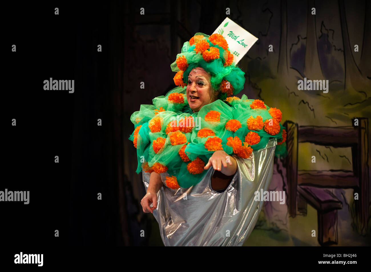 Traditional pantomime dame (man dressed as a woman) in a production of Jac and the Beanstalk, Aberystwyth Arts Centre, Wales UK Stock Photo