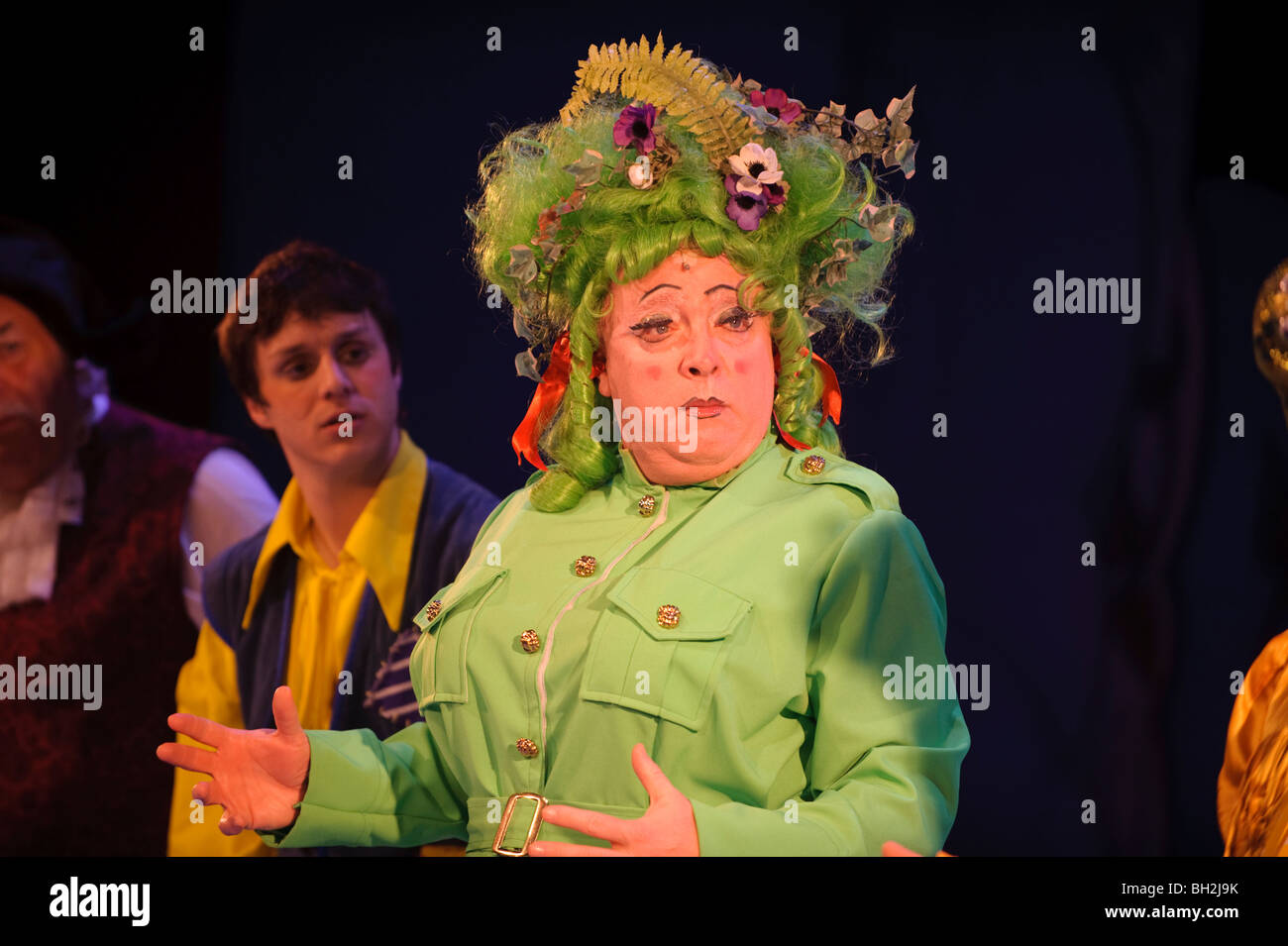 Playing the dame: Actors in an amateur production of Jack and the Beanstalk pantomime, Aberystwyth Arts Centre, Wales UK Stock Photo