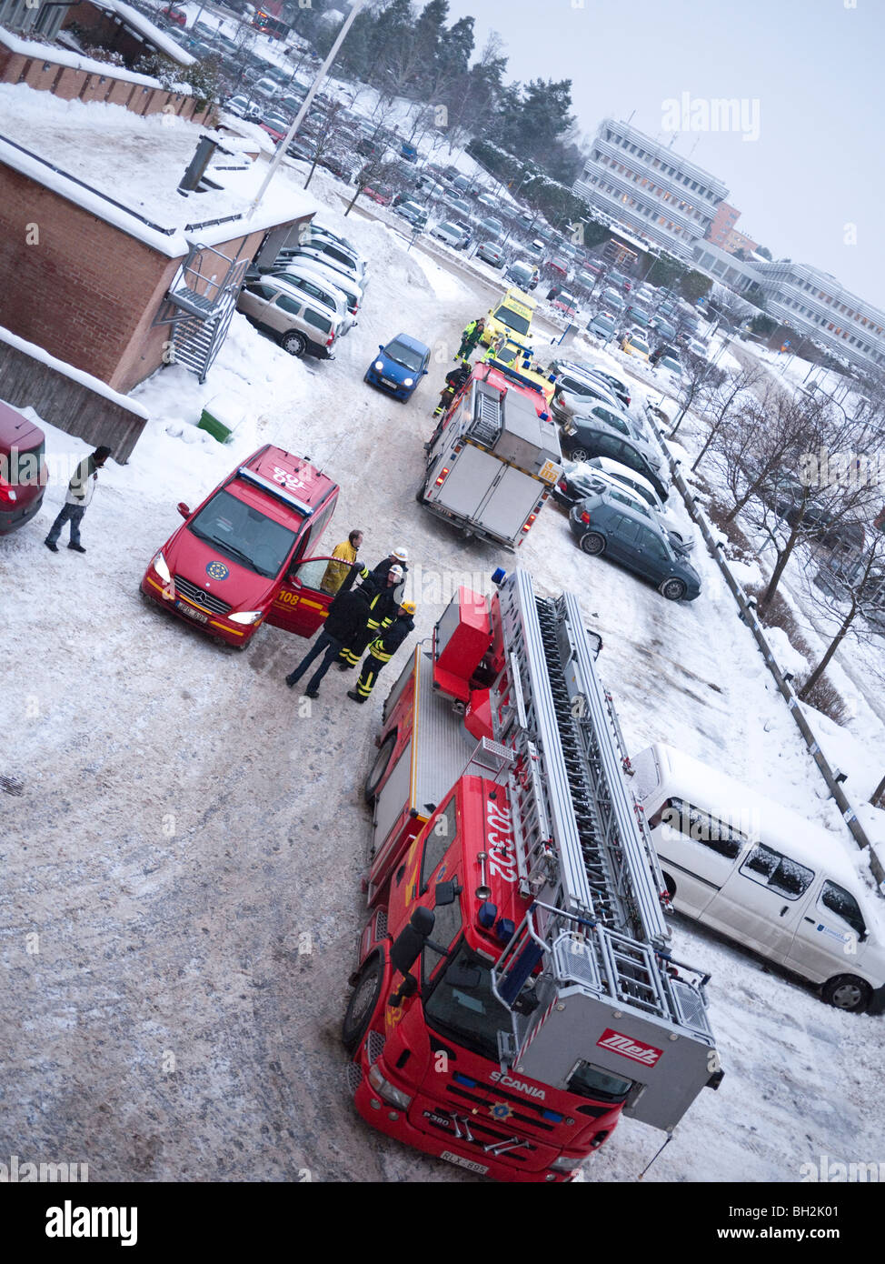 Fire engines in winter (Sweden) Stock Photo