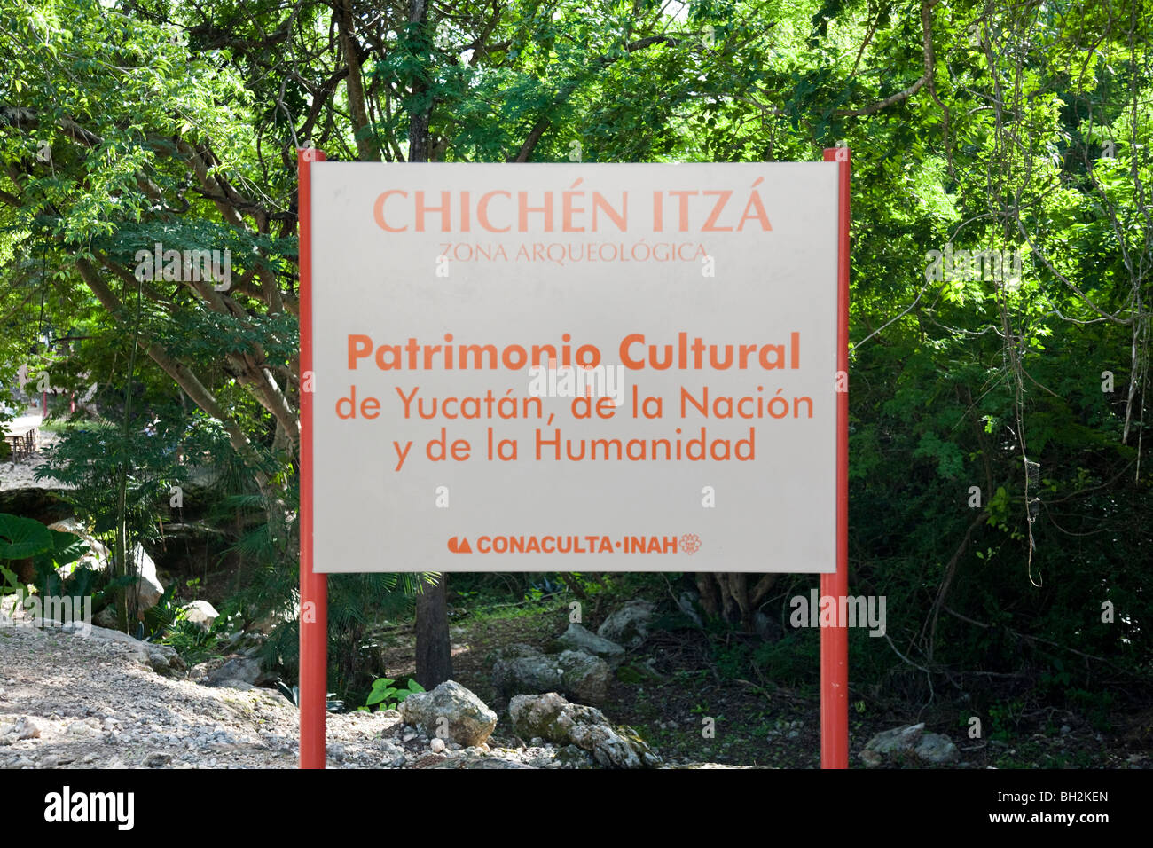 Sign. Chichen Itza Archaeological Site Yucatan Mexico. Stock Photo