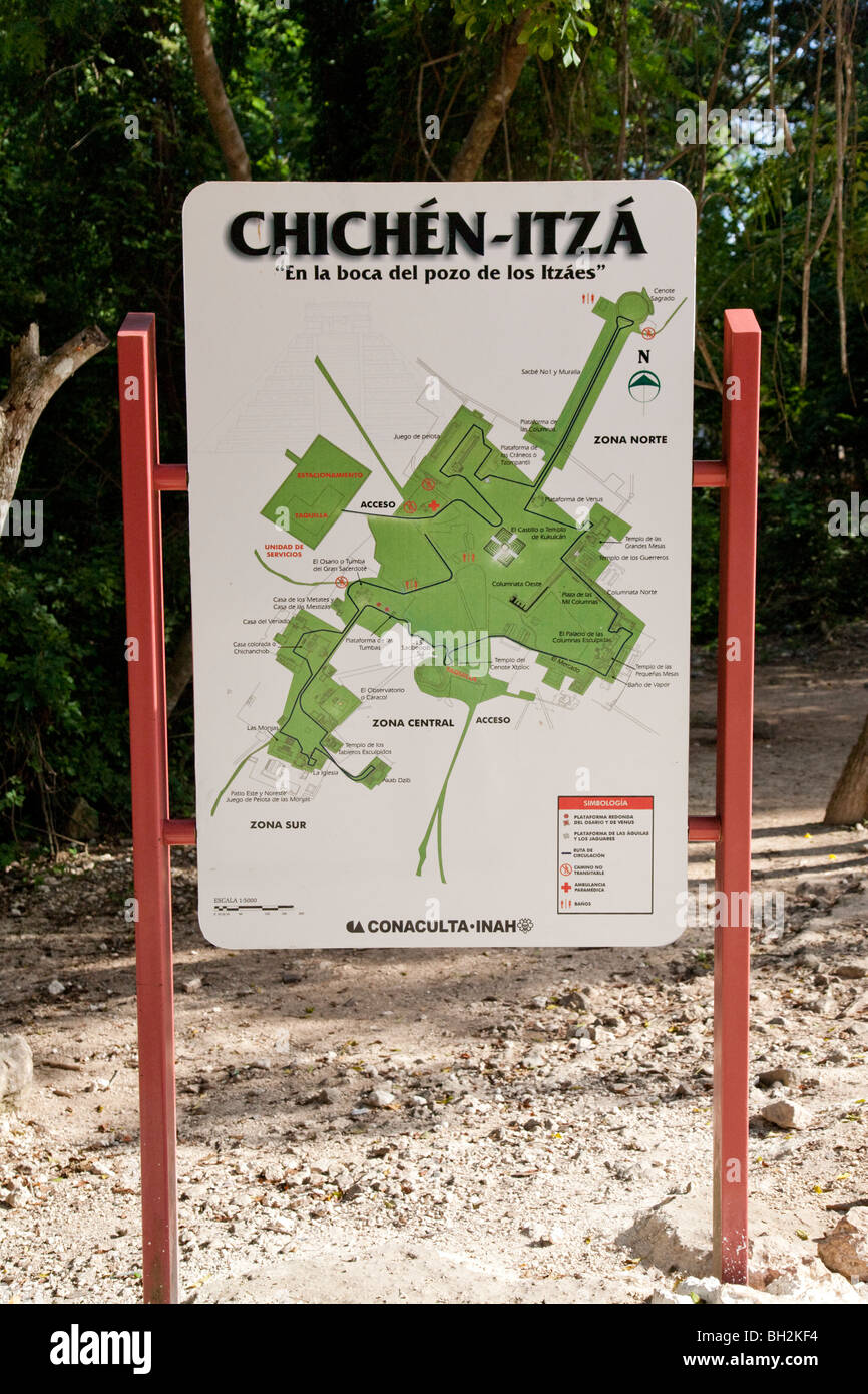 Map. Chichen Itza Archaeological Site Yucatan Mexico. Stock Photo