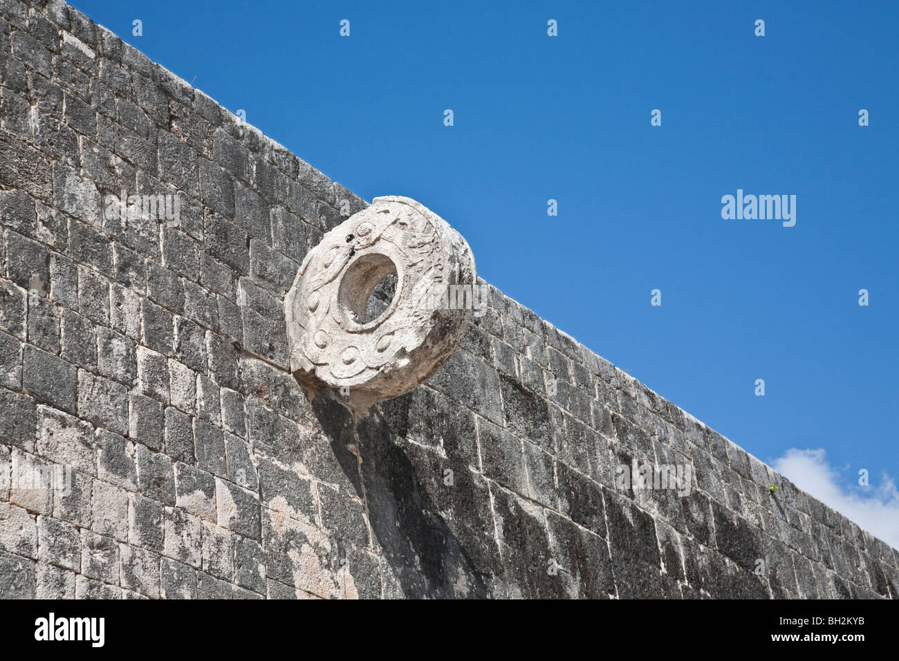 The Ring or Marker of the Ball Court. The Ball Court of Chichen Itza. Chichen Itza Archaeological Site Yucatan Mexico. Stock Photo