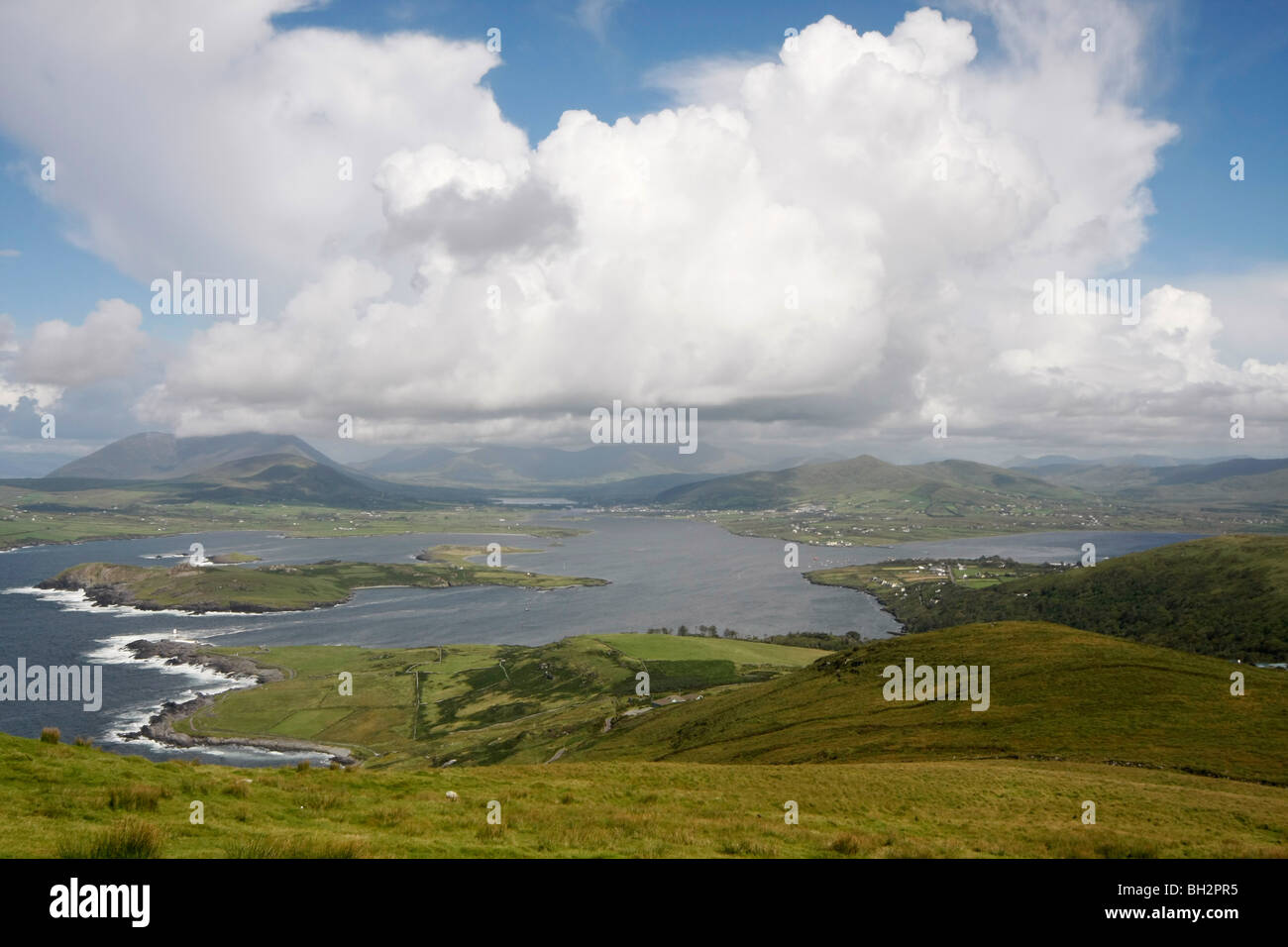 Looking across to Reenard and Caherciveen from Valencia Island, Ring of Kerry, Eire. Stock Photo