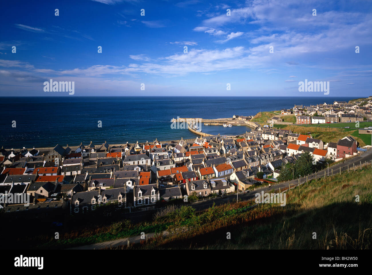 A view of Cullen village and harbour on the Moray Firth, North East Scotland Stock Photo