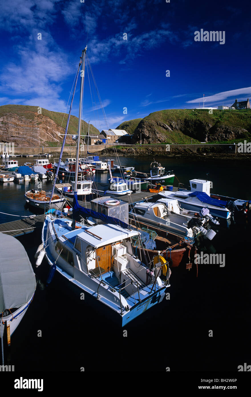 A view in summer of Portknockie harbour near Buckie on the Moray Firth in Scotland Stock Photo