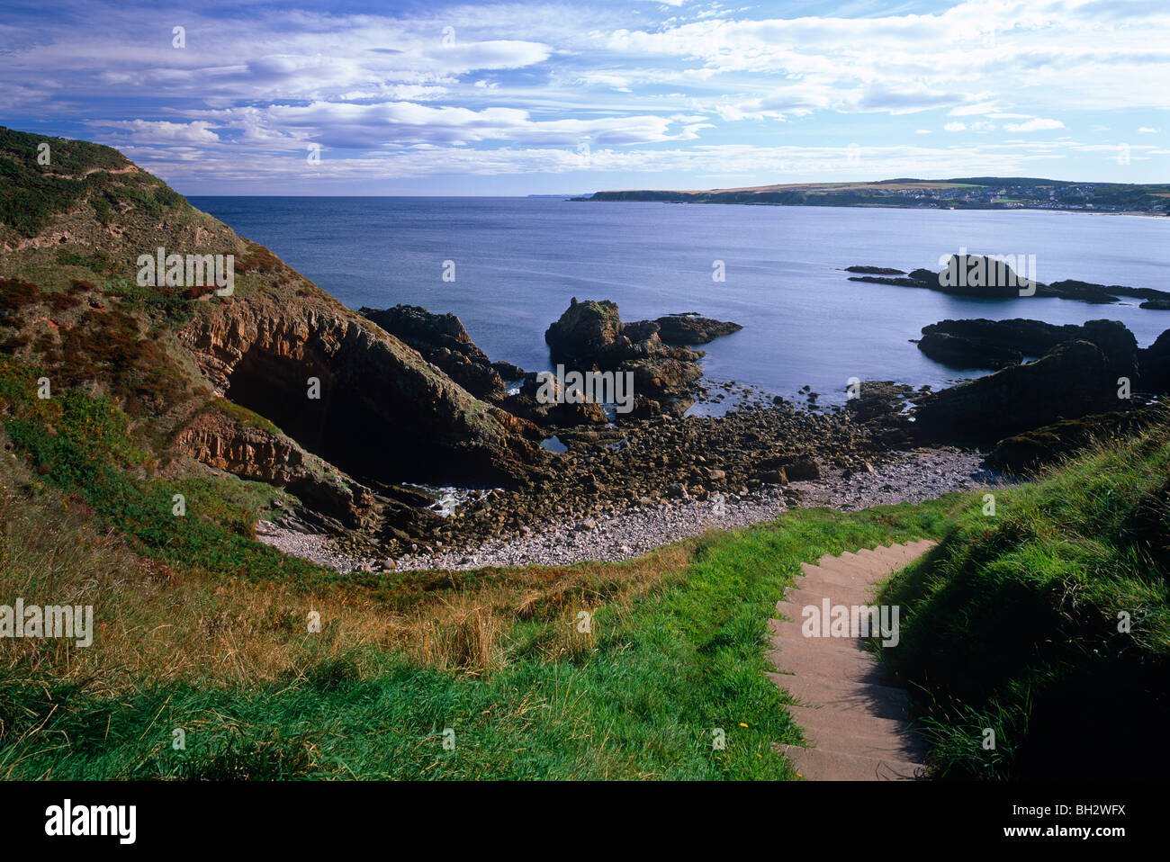 A view of Cullen beach and bay on the Moray Firth in North east Scotland Stock Photo