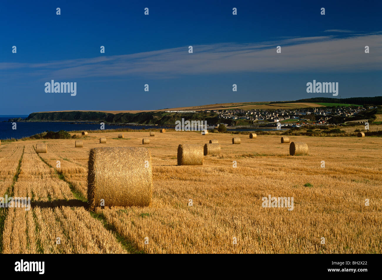 A view of Cullen village and harbour on the Moray Firth in North East Scotland Stock Photo