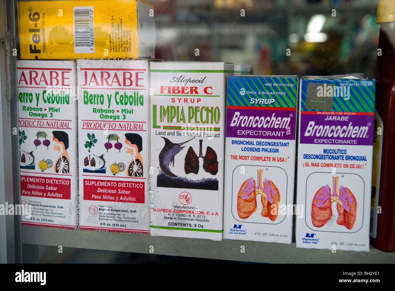 A display of cough medicine and health supplements manufactured in th