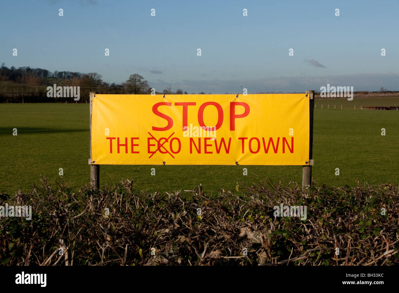 Stop the new eco town campaign banner in field near Long Marston Warwickshire UK Stock Photo