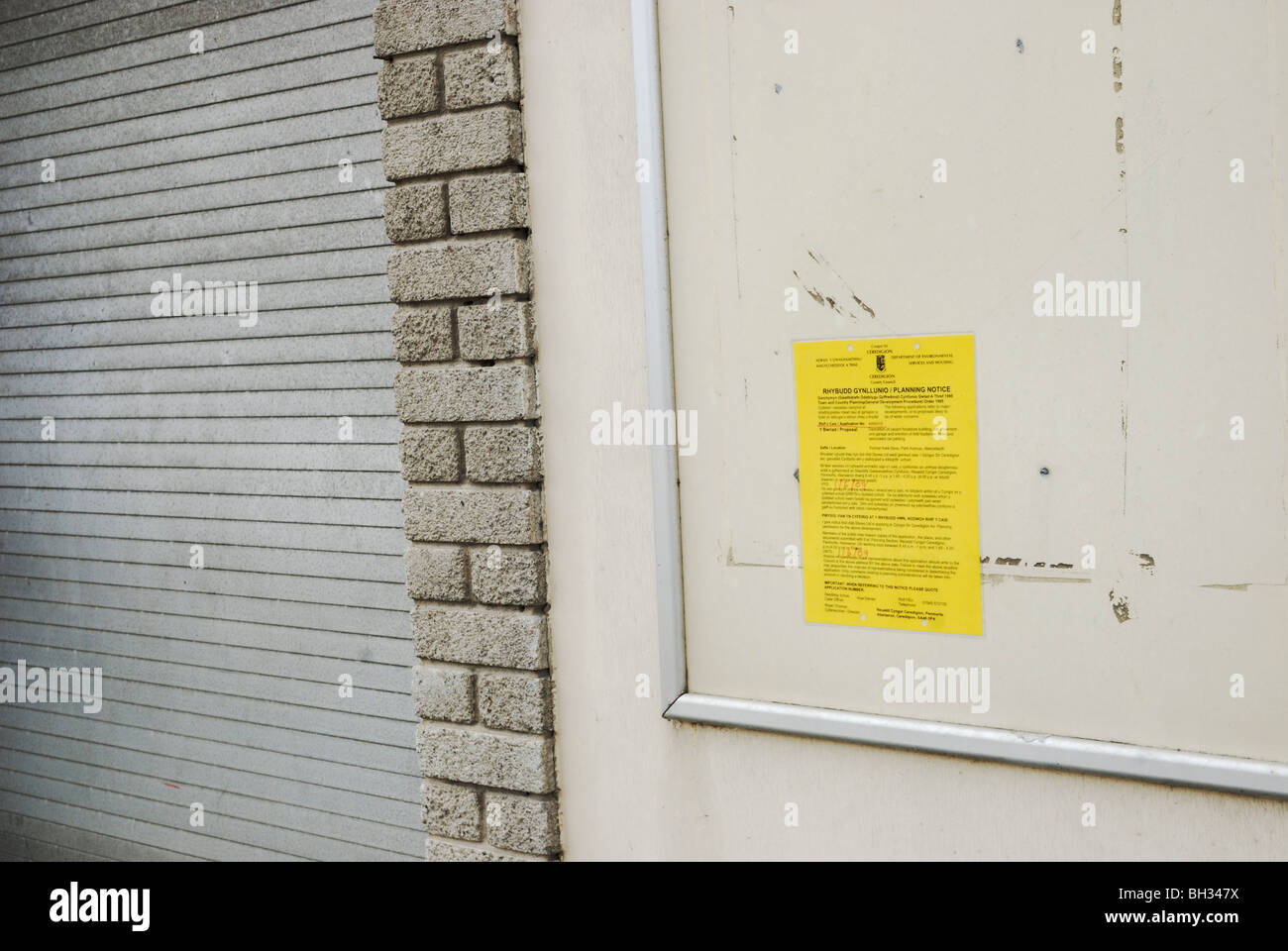 Planning notice on a commercial property, Aberystwyth, Wales. Stock Photo