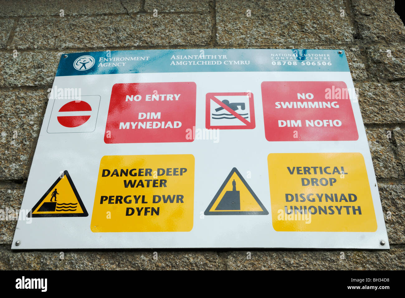 Warning sign on Environment Agency monitoring station, Wales Stock ...