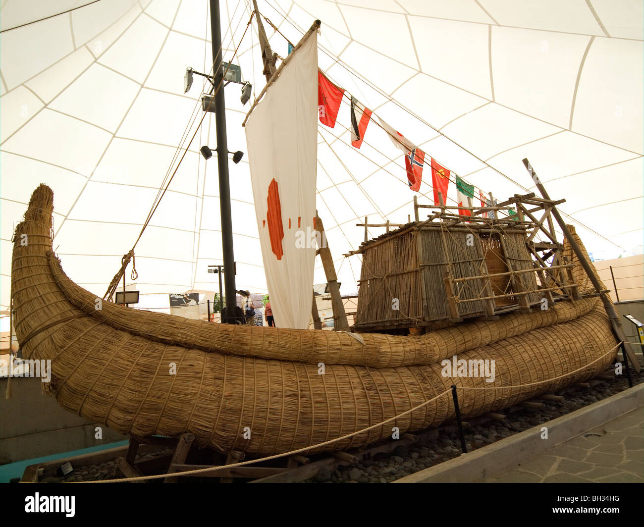 A replica of Thor Heyerdals reed boat Ra 2 at the Piramides de Guimar Ethnographic Park Tenerife Canary Islands  Stock Photo