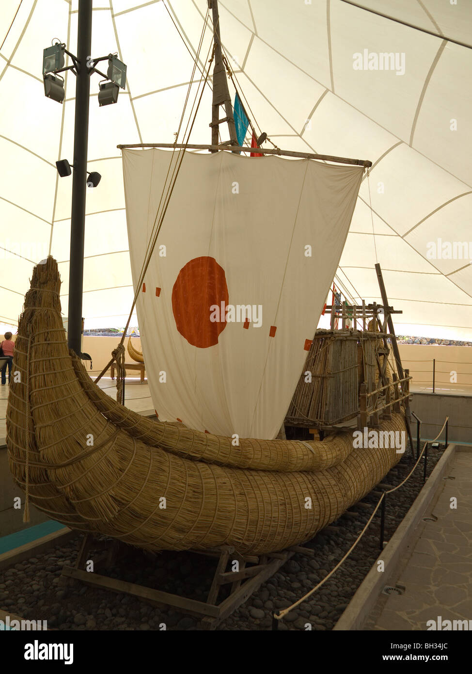 A replica of Thor Heyerdals reed boat Ra 2 at the Piramides de Guimar Ethnographic Park Tenerife Canary Islands  Stock Photo