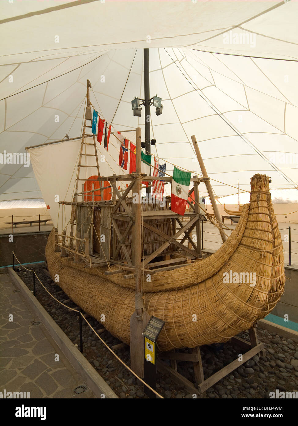 A replica of Thor Heyerdals reed boat Ra 2 at the Piramides de Guimar Ethnographic Park Tenerife Canary Islands Stock Photo