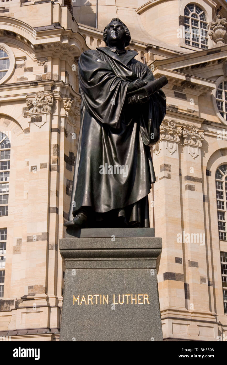 Statue of Martin Luther in front of Frauenkirchen church and Dom Dresden Saxony Germany Stock Photo
