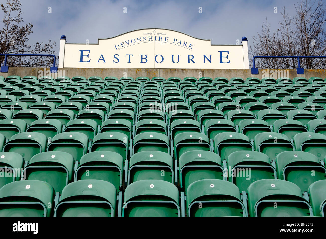 Devonshire Park, Eastbourne, East Sussex, England, UK; view of terraced seating in the tennis stands. Stock Photo