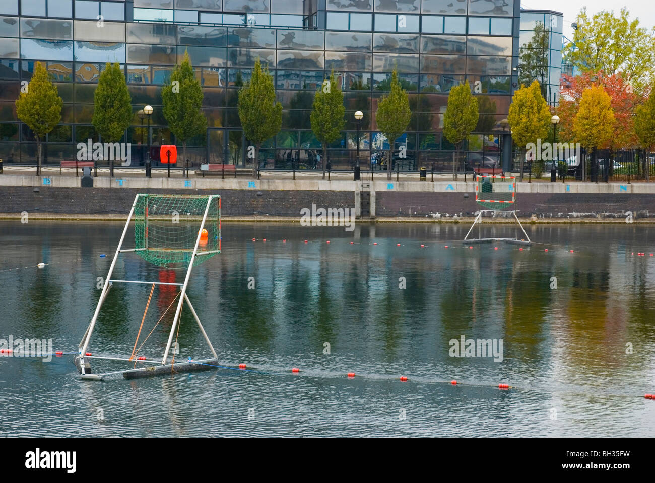 Outdoor water polo field at Salford Quays in Manchester England UK