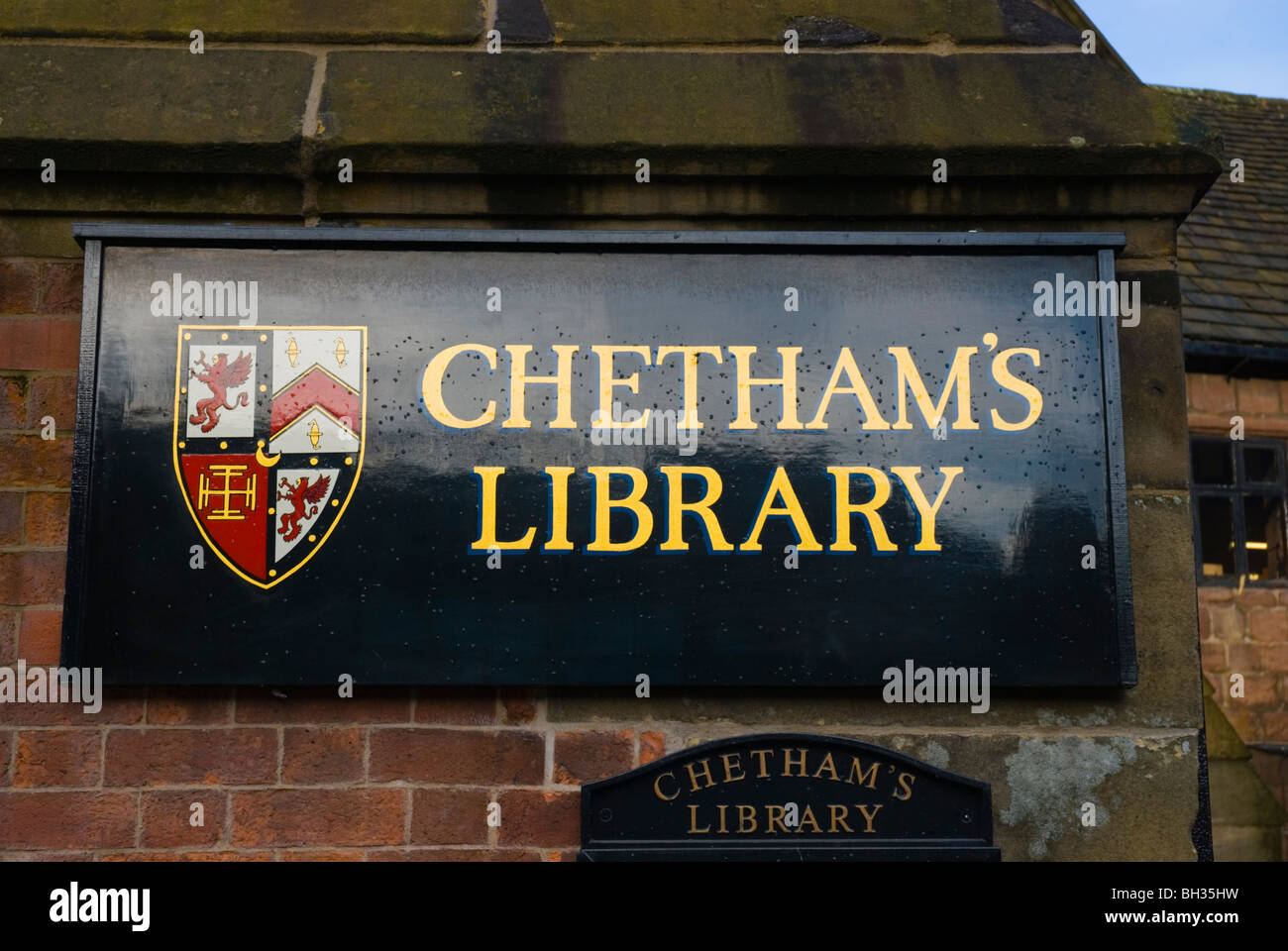 Chetham's Library sign central Manchester England UK Europe Stock Photo